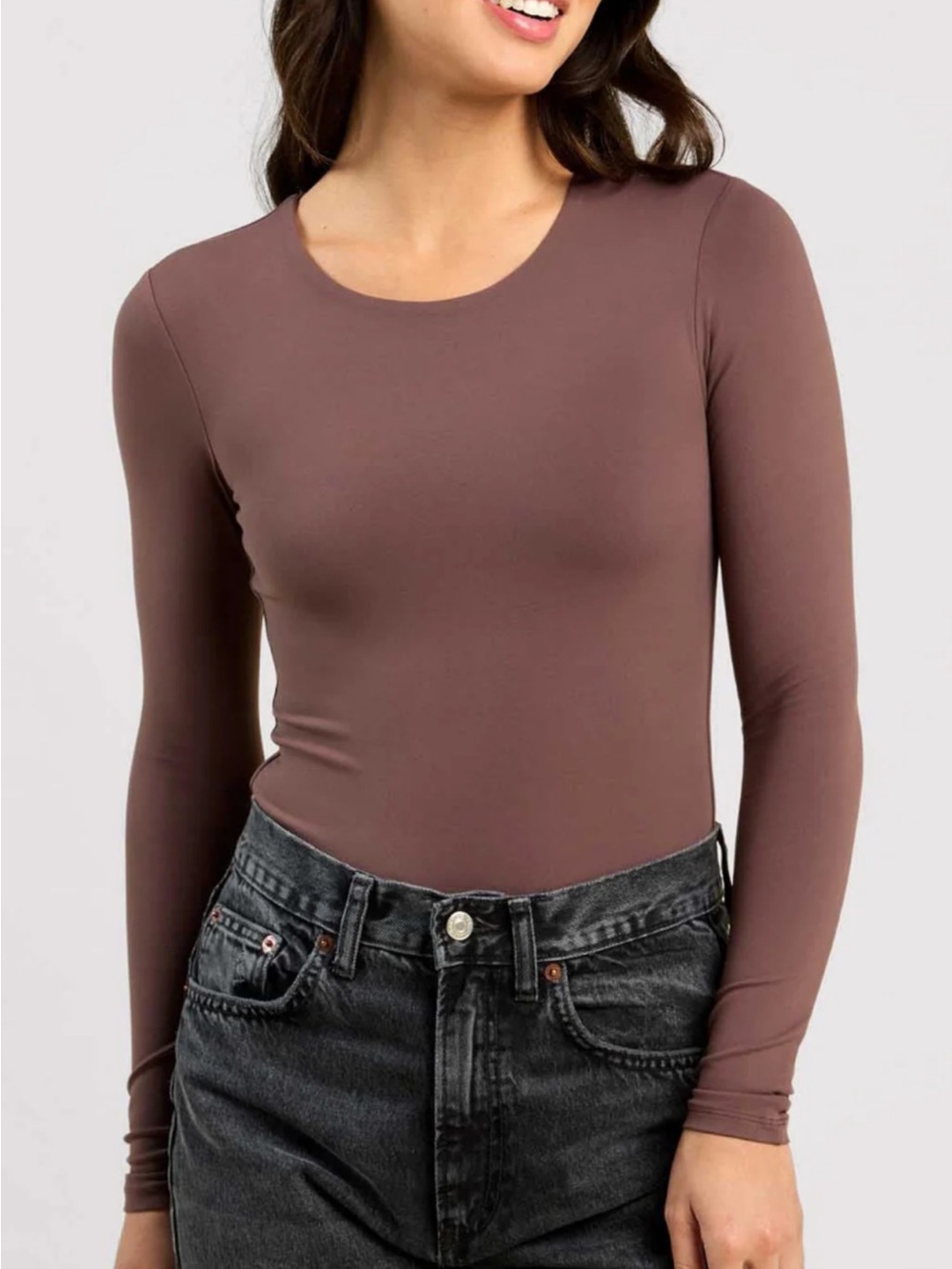 NUUDS LONG SLEEVE CREWNECK BODYSUIT IN COFFEE (brown) SIZE MEDIUM